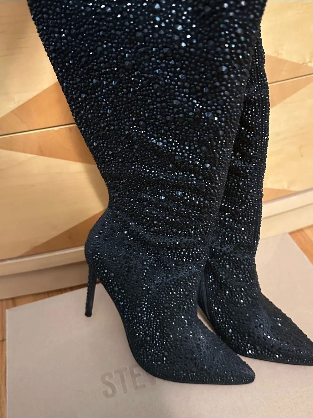 Steve Madden Black Crystal-Embellished Thigh High Boots - VIVIANNE